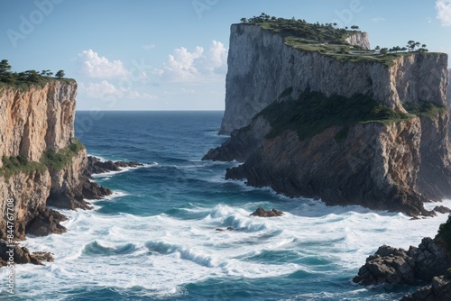 A beautiful coastal cliff with waves crashing against the rocks