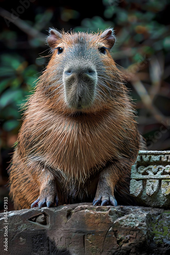 Close-up of a capybara sitting on a rock with a natural background, showcasing its furry texture and curious expression.