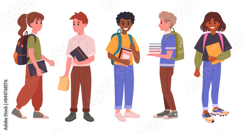 Middle school students group. Junior high school students with backpacks and books, male and female school pupils flat vector illustration set. Happy friends going to school