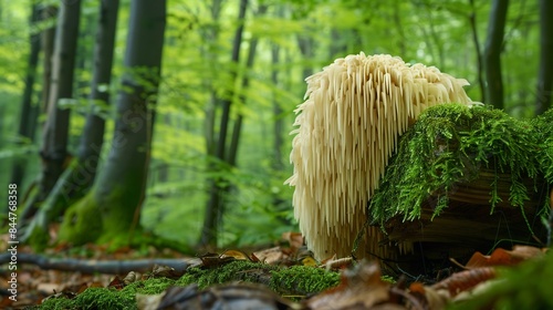 lions mane mushroom in beautiful forest 