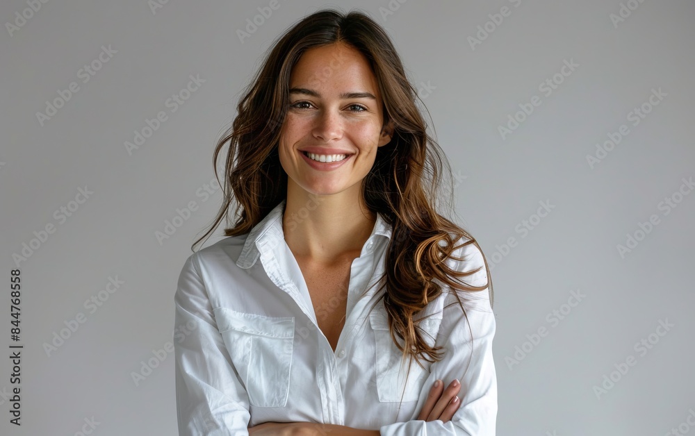 A woman with long brown hair is smiling and wearing a white shirt. She is posing for a picture and has her arms crossed A woman with long brown hair is smiling and wearing a white shirt. She is posing for a picture and has her arms crossed