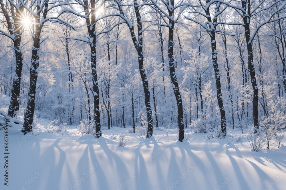 A peaceful winter forest with snow covered branches and a soft light A peaceful winter forest with snow covered branches and a soft light