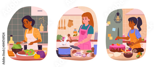 Woman cooking at home. Female characters cooking tasty dishes, preparing food at home flat vector illustration set. Homemade meal preparation