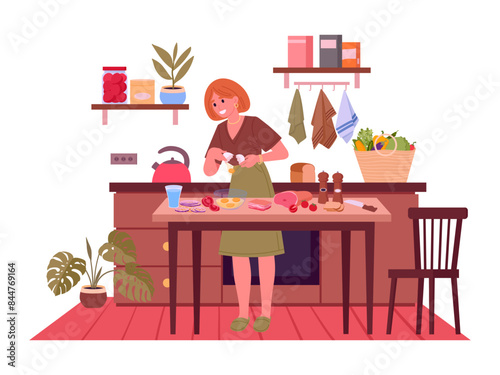 Woman cooking at home. Female character preparing food at home, homemade meal preparation flat vector illustration. Lady cooking tasty dishes