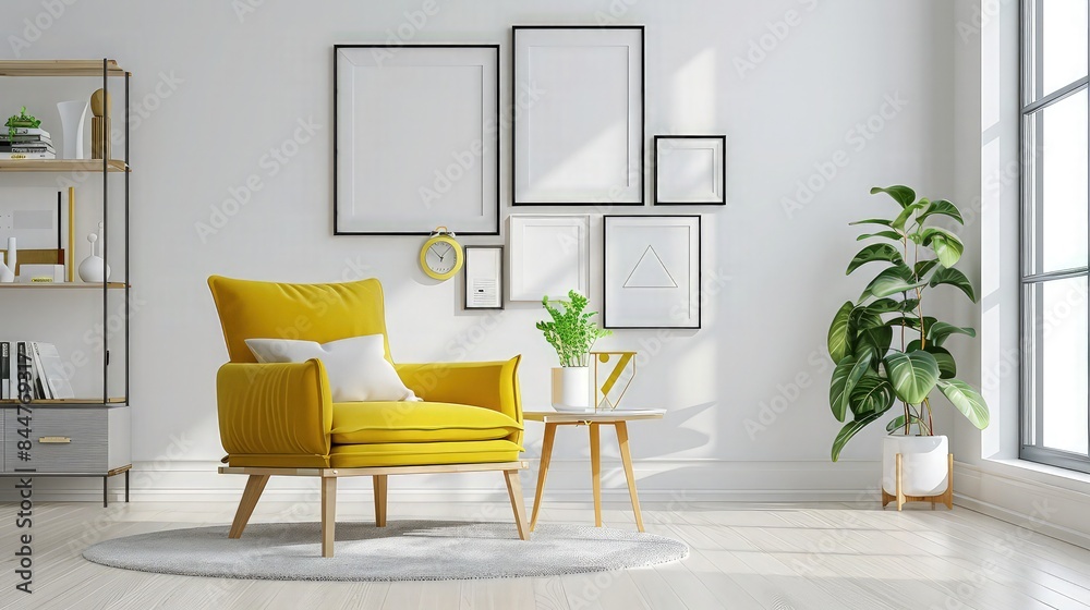 A chic, modern living room with a bright yellow armchair adding a pop of color against a backdrop of monochrome decor and minimalist art pieces. Scandinavian style. 3D illustration. A chic, modern living room with a bright yellow armchair adding a pop of color against a backdrop of monochrome decor and minimalist art pieces. Scandinavian style. 3D illustration.