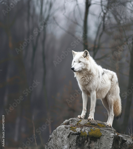 Majestic White Wolf in Dark Forest Setting Looking Left