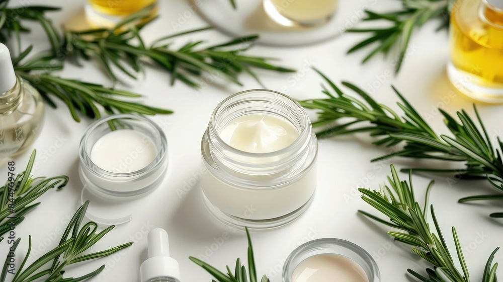 A clean and fresh look at skincare products, including face serum, wash, and cream, each product surrounded by aromatic rosemary leaves, on a white surface. A clean and fresh look at skincare products, including face serum, wash, and cream, each product surrounded by aromatic rosemary leaves, on a white surface.