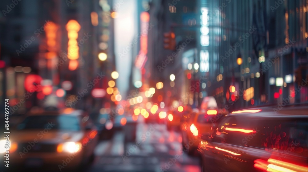 Softly defocused cityscape at dusk with hints of neon lights and car headlights adding to the magical atmosphere. .