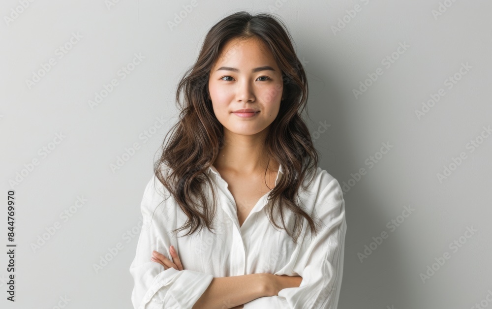 A woman with long hair is standing in front of a white wall. She is wearing a white shirt and has her arms crossed A woman with long hair is standing in front of a white wall. She is wearing a white shirt and has her arms crossed