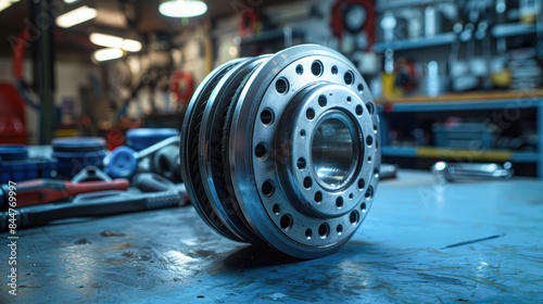 Tensioner pulley on a Renault Clio 2 engine, highlighted in close-up. Metallic appearance