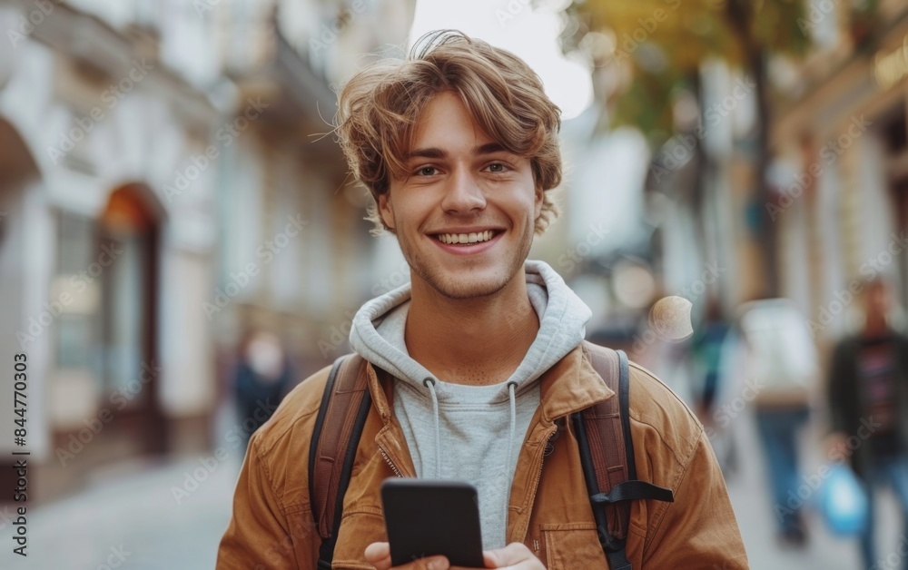 Fototapeta premium A young man is smiling and holding a cell phone. He is wearing a brown jacket and a backpack