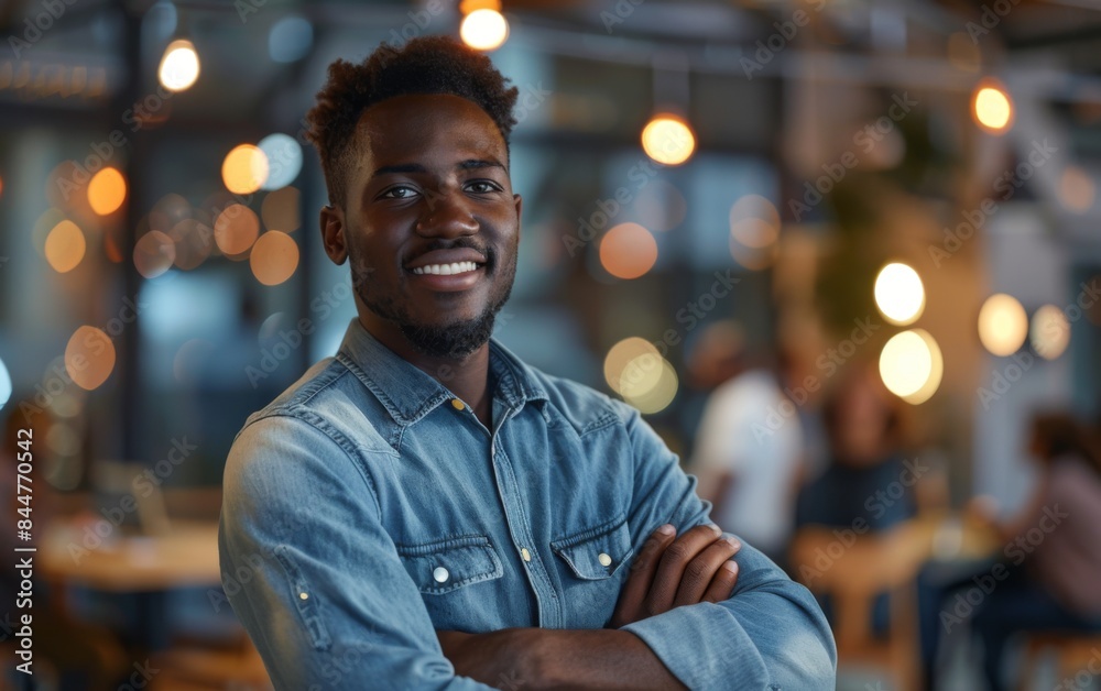 A man with a beard and a blue shirt is smiling and posing for a picture. The image has a warm and friendly mood, with the man looking confident and happy A man with a beard and a blue shirt is smiling and posing for a picture. The image has a warm and friendly mood, with the man looking confident and happy