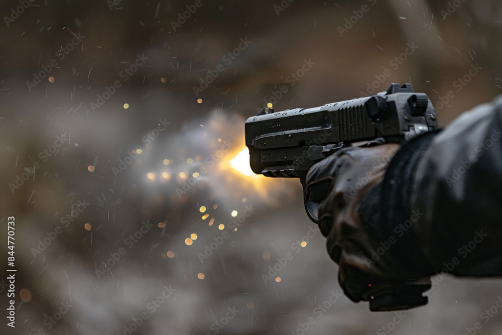A man firing a handgun close-up A man firing a handgun close-up