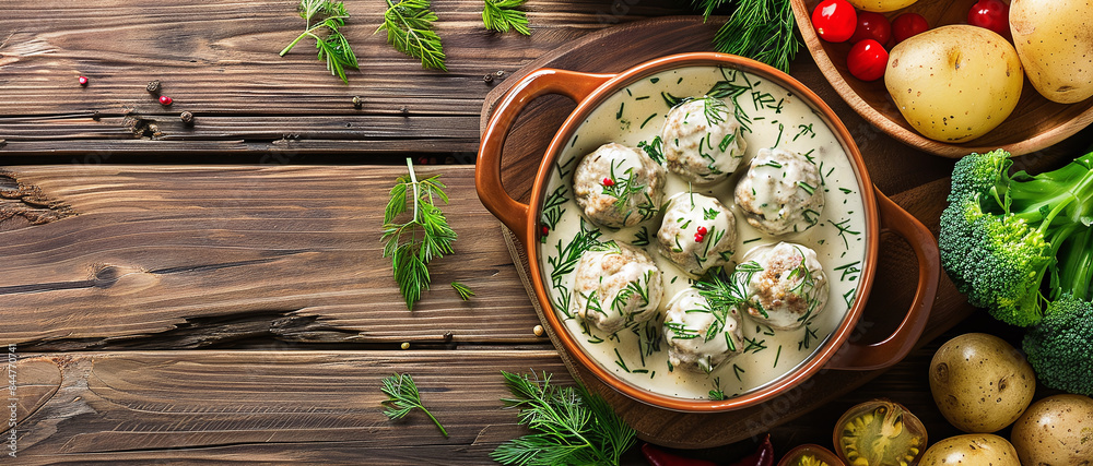 Cooked meatballs in dill sauce with boiled potatoes and fresh vegetables on wooden table Cooked meatballs in dill sauce with boiled potatoes and fresh vegetables on wooden table