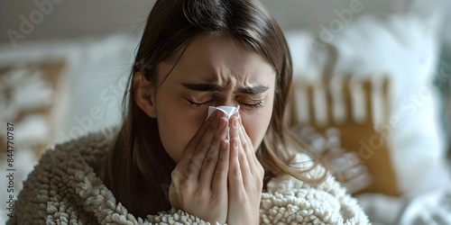 A sick woman wrapped in a blanket, blowing her nose and sneezing. Concept Healthcare Tips, Flu Season, Self-care, Common Cold, Home Remedies photo
