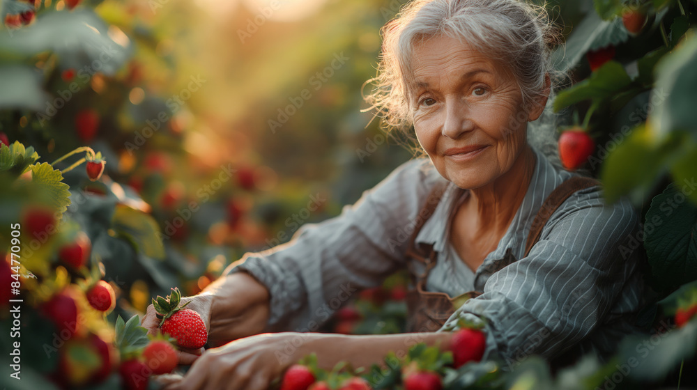cute old woman with grey hair picking up strawberries from her garden cute old woman with grey hair picking up strawberries from her garden