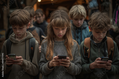 group of unsupervised busy children looking at their phones