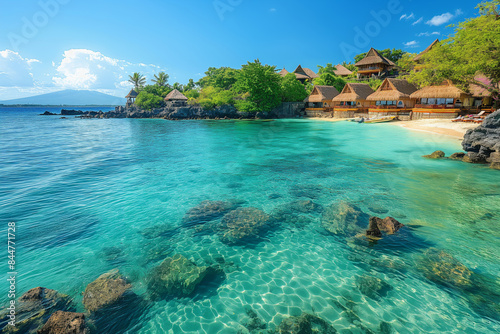 amazing blue water with little resorts, trees