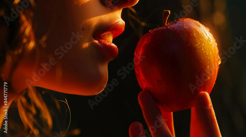 Bible. Old Testament. Creation. Genesis. Eve looked at the apple. It was beautiful and looked delicious. Close up portrait of Eve biting the apple. 