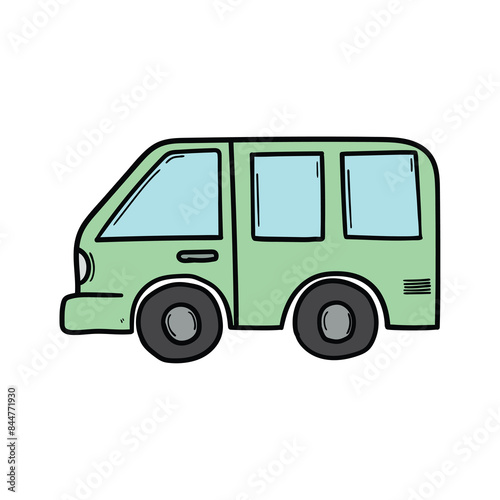 Hand drawn cartoon green camper van on white background. Family travel, vacation.