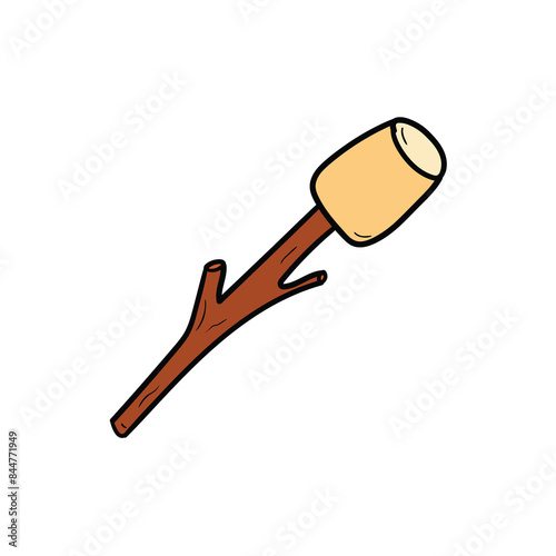 Hand drawn cartoon marshmallow on a branch on a white background.