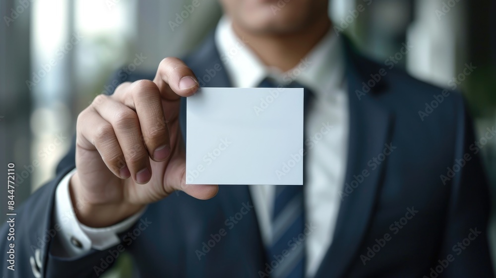 Businessman showcasing business card with copy space Businessman showcasing business card with copy space