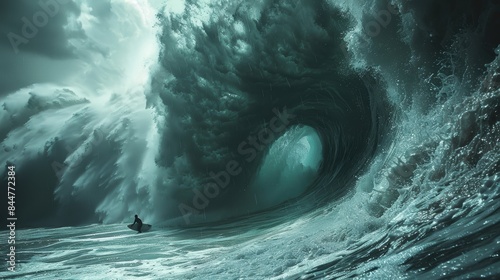 Surfer riding a giant wave with an intense look of focus. 