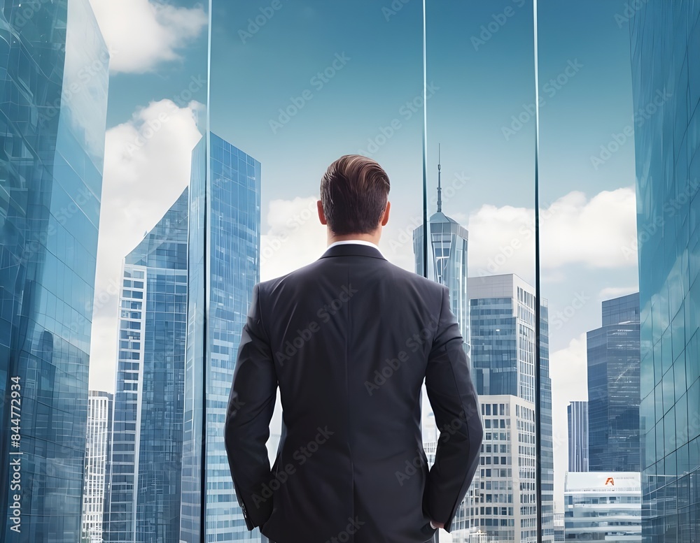 Businessman Looking Out Window at Modern City Skyline Businessman Looking Out Window at Modern City Skyline