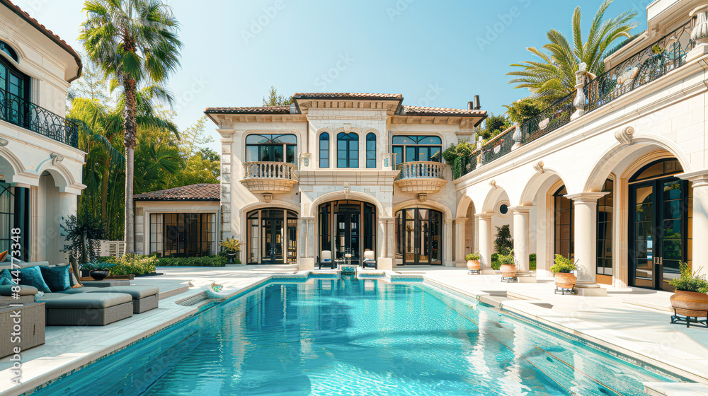 Fototapeta premium A large, white house with a pool and a balcony
