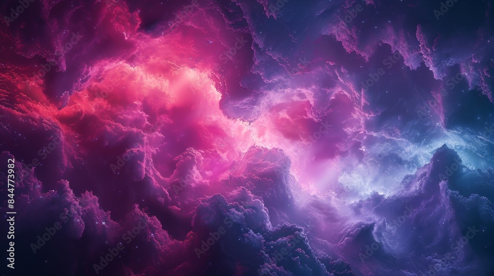 A colorful space scene with pink and purple clouds