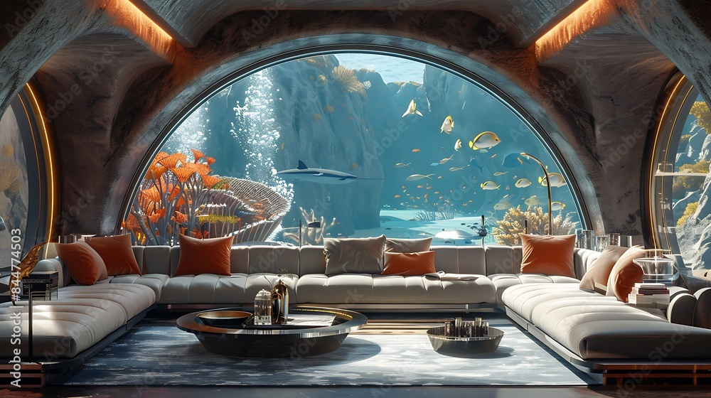 Fototapeta premium Luxurious underwater lounge with panoramic sea life view and modern interior design.