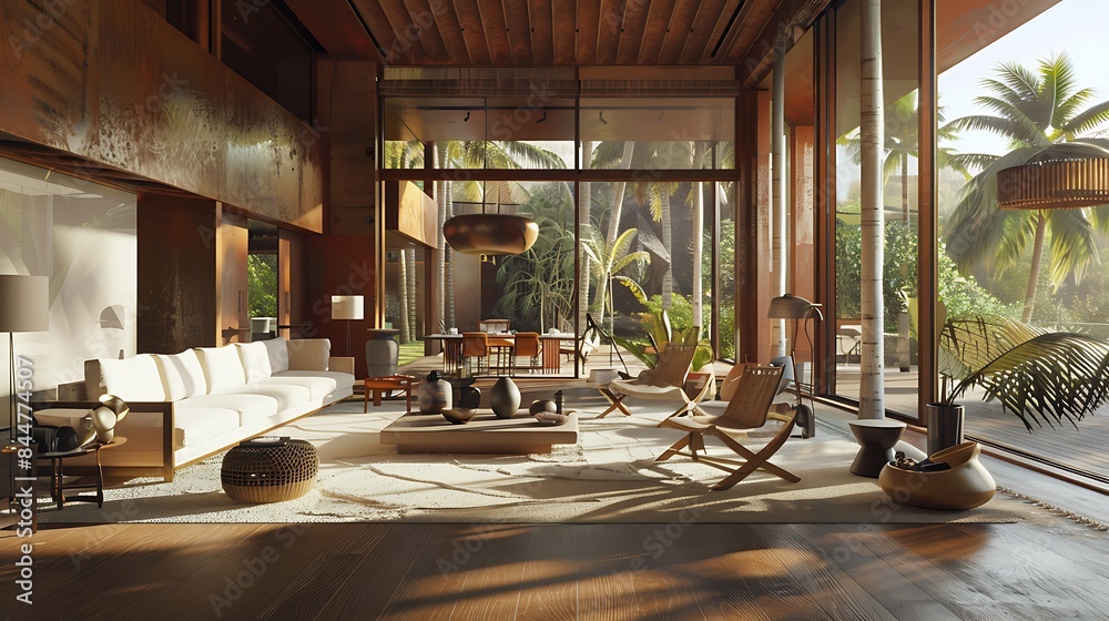 Fototapeta premium Luxurious tropical villa interior with a spacious and stylish living room design adorned with wooden furniture and large windows overlooking a serene environment.