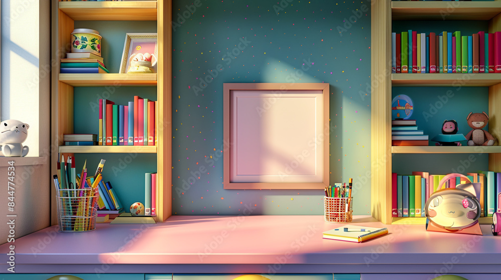 custom made wallpaper toronto digitalChildren's study corner featuring a tidy desk, bookshelves, and an empty frame ready for a new picture.