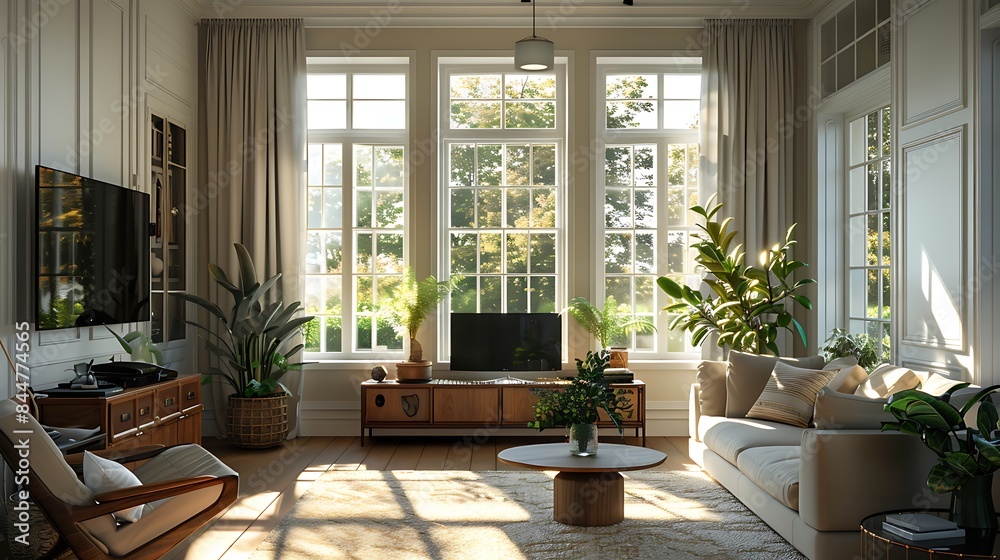 Fototapeta premium A cozy modern living room bathed in natural light from large windows overlooking a garden, furnished with stylish decor and lush indoor plants. 