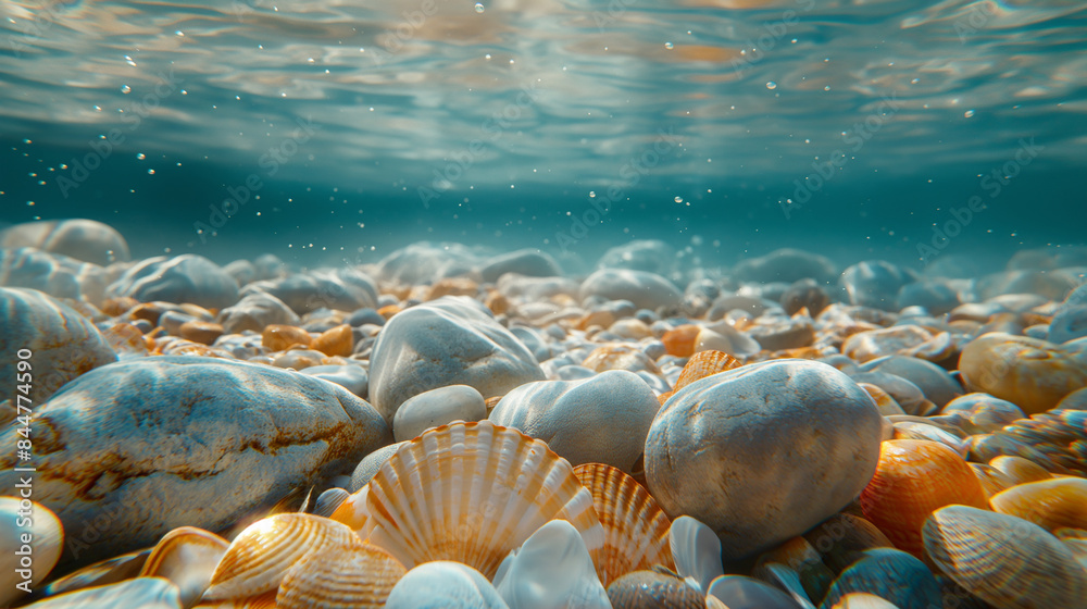 Sea and ocean life creative advertising concept. Close up of the seabed. Beautiful wet colorful shiny stones, starfish and shells under raindrops or sea spray. Sea and ocean life creative advertising concept. Close up of the seabed. Beautiful wet colorful shiny stones, starfish and shells under raindrops or sea spray.