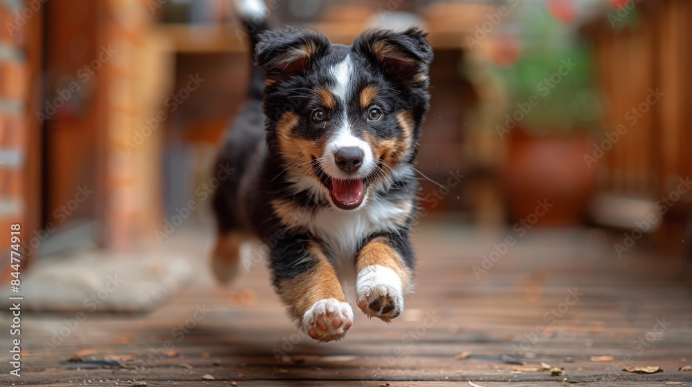adorable Bernese mountain dog puppy excited andruns toward and jumps in the air on wooden floor adorable Bernese mountain dog puppy excited andruns toward and jumps in the air on wooden floor