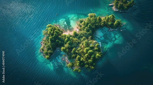A breathtaking aerial view of a cluster of small islands surrounded by crystal clear water in the center of a serene lake, showcasing the beauty of natural landscape and marine biology AIG50