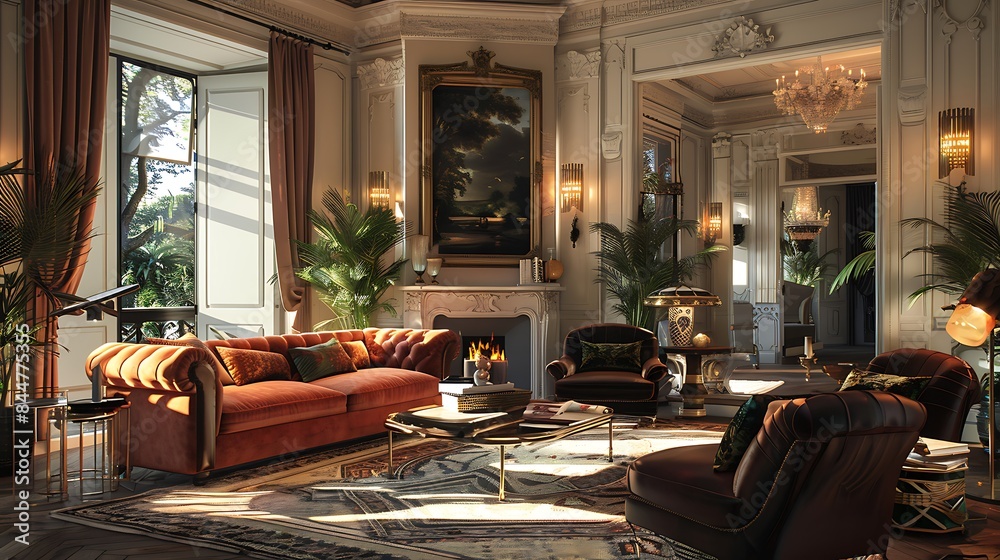 British living room. United-Kingdom. Elegant classic living room with luxurious furniture and rich interior details highlighted by natural light coming through large windows. 
