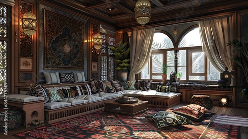 Azerbaijani living room. Azerbaijan. Traditional Middle Eastern living room interior with ornate wooden decorations and plush furnishings. 