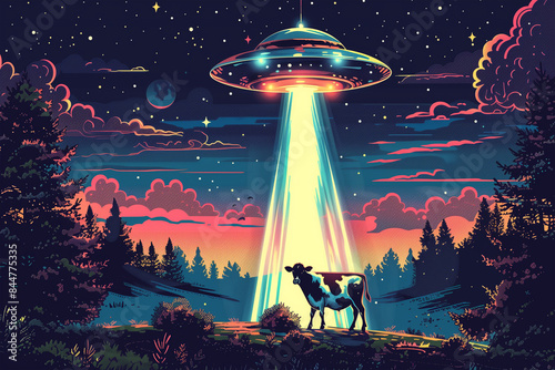 UFO Hovering Over Field With Cow At Night