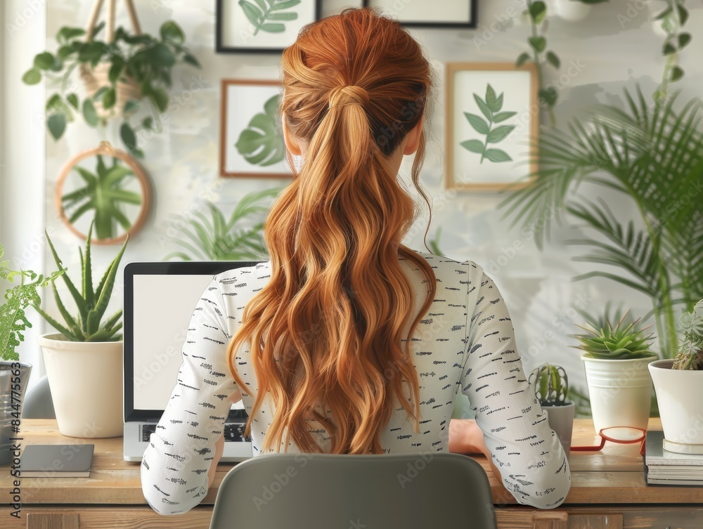 Illustration of a business woman typing on a laptop at a table.