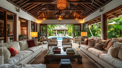 Dominican living room. Dominica. Luxurious tropical living room with open sliding doors leading to a pool and garden view, inviting a seamless indoor-outdoor living experience.  photo