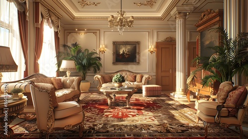 Czech living room. Czech-Republic. Opulent Victorian-style living room with luxurious furnishings and rich decor under warm lighting 