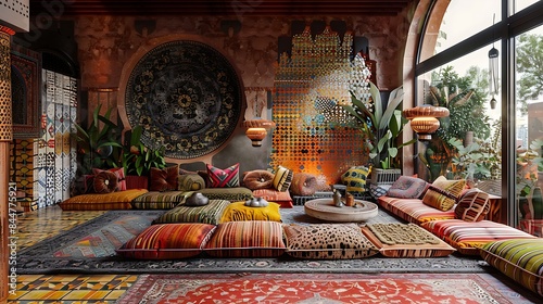 Iranian living room. Iran. Vibrant bohemian style living room with eclectic decor and patterned textiles. 