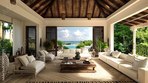 Jamaican living room. Jamaica. Luxurious tropical beach house living room with a panoramic ocean view and natural light. 