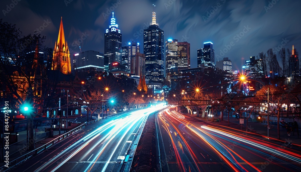 Obraz premium Vibrant Night Cityscape with Light Trails and Illuminated Skyscrapers in Urban Downtown Area