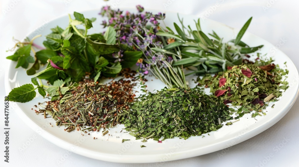 Combine fresh and dried herbs on the plate, showing different states and textures of the herbs. generative ai Combine fresh and dried herbs on the plate, showing different states and textures of the herbs. generative ai