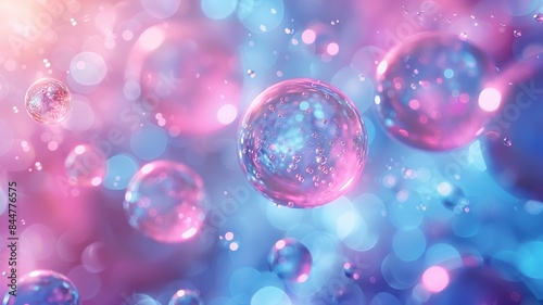 Shimmering spheres in pink and blue with soft glowing background