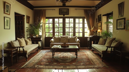 Philippine living room. Philippines. Elegant living room interior with classic furniture and natural light filtering through large windows 
