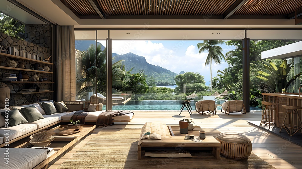 Seychellois living room. Seychelles. A luxurious open-concept living room with a panoramic view of a tropical landscape merges indoor comfort with outdoor serenity. 